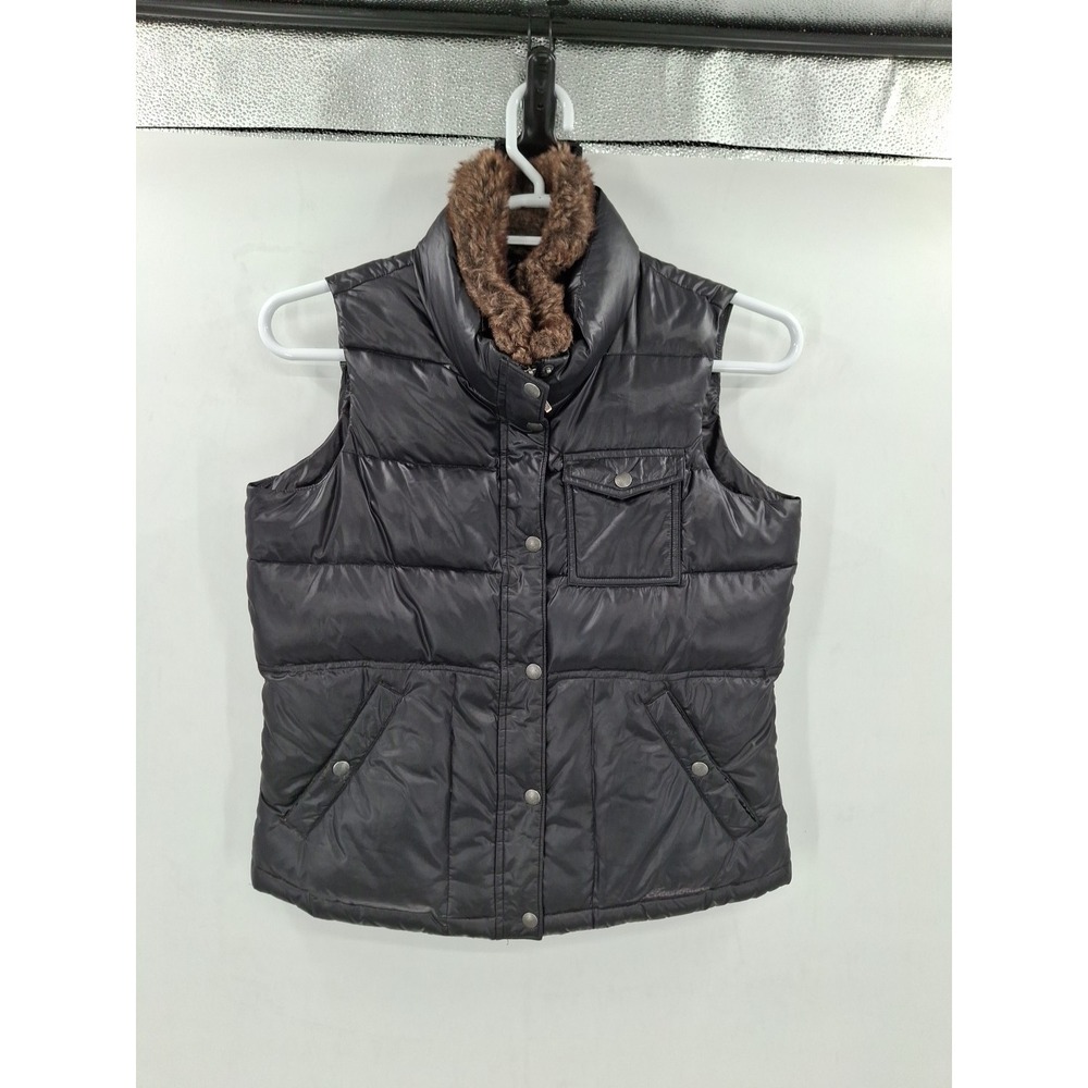 Eddie Bauer Women's Black Goose Down Puffer Vest Faux Fur Collar‎ Size Medium